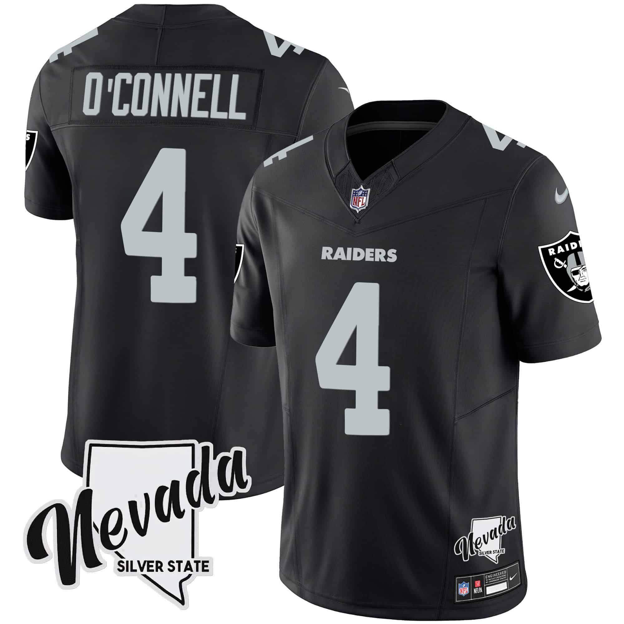 Men Oakland Raiders #4 OConnell Black 2024 Nike Nevada Silver State Patch Vapor NFL Jersey style 1